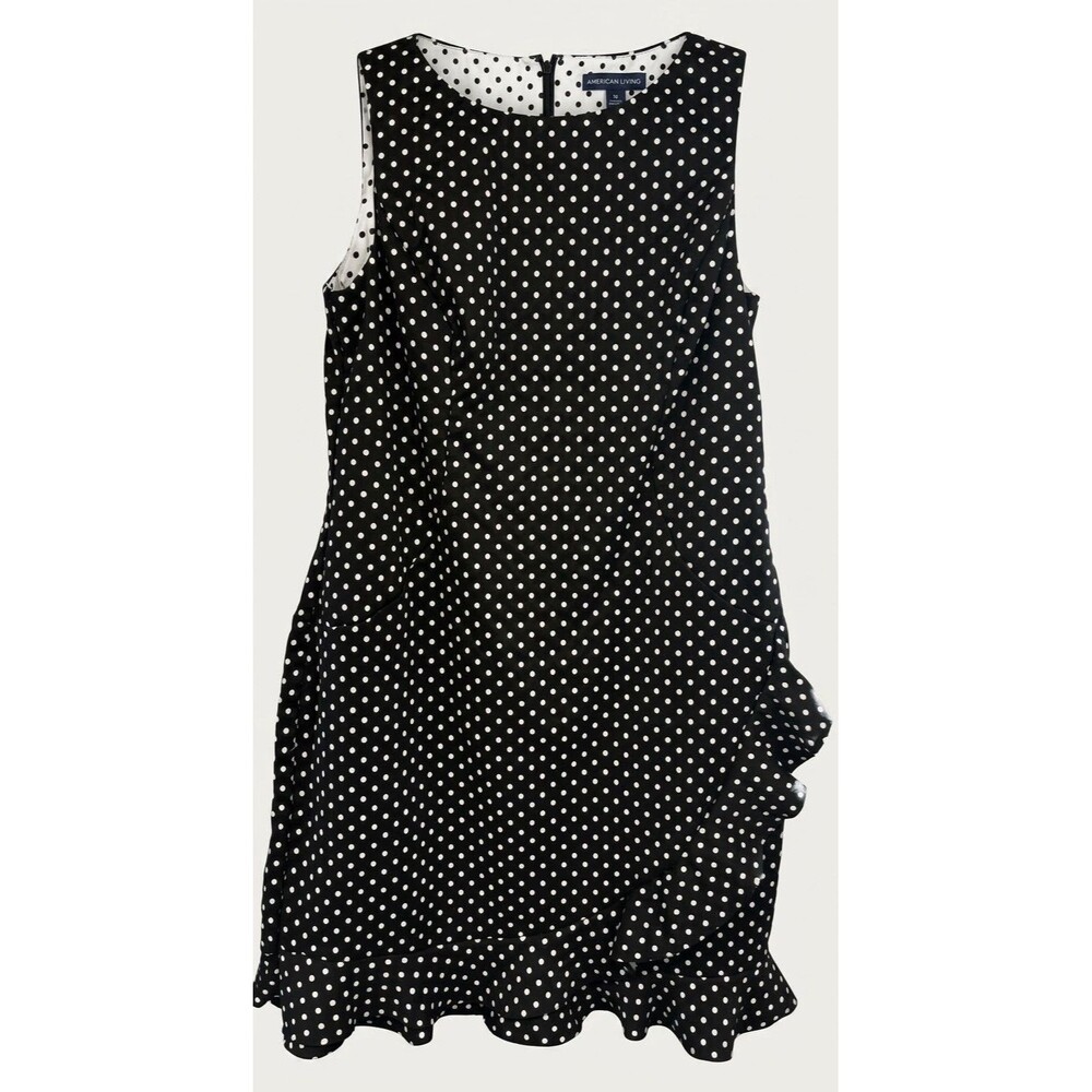 American Living Polka Dot Ruffle Hem Sheath Dress Size 16 Sleeveless Black White